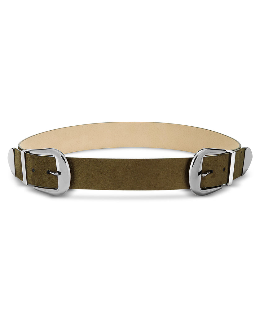 INC International Concepts Women Clean Double Buckle Belt Olive Silver