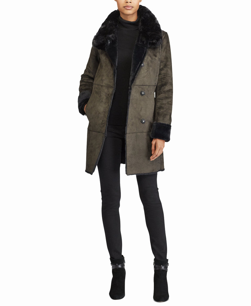 Lauren Ralph Lauren Women Faux Fur Trim Faux Shearling Asymmetrical Coat