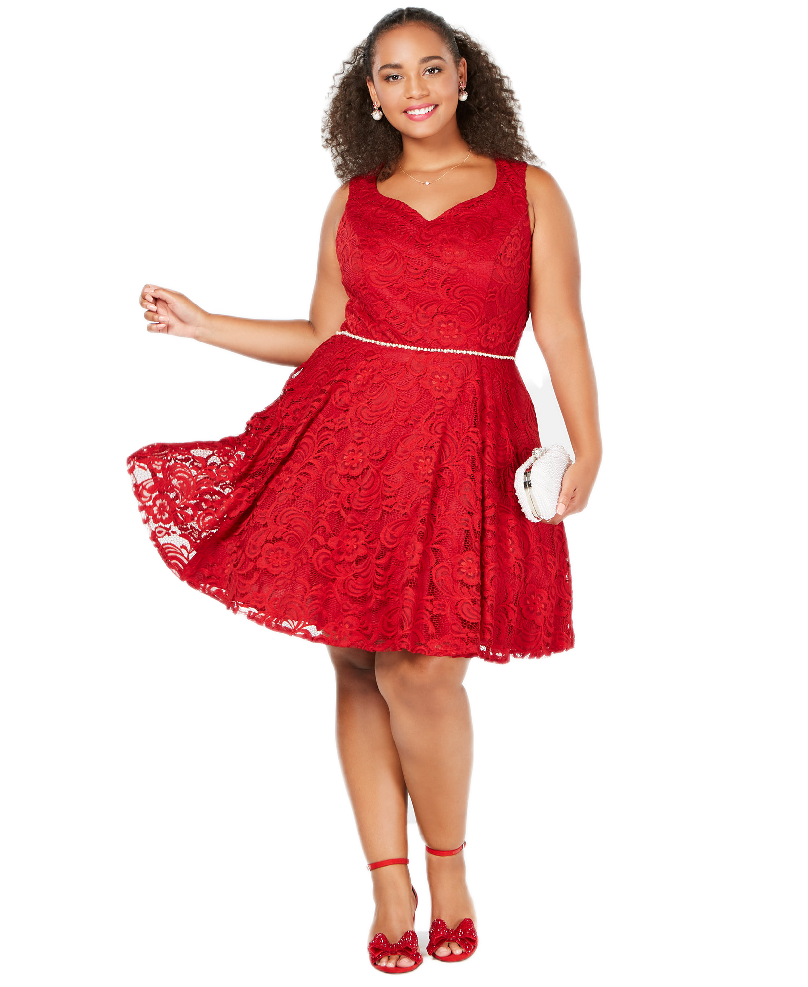 City Studios Women Plus Trendy Sleeveless Lace Fit & Flare Dress Red