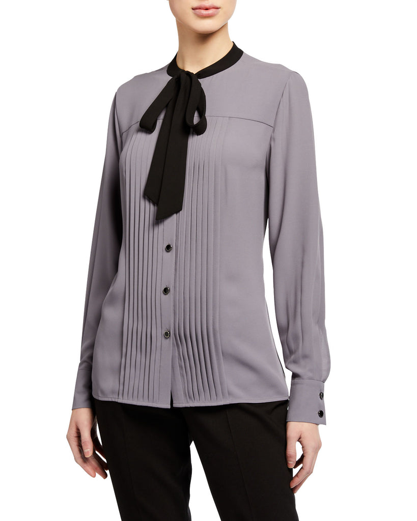 Anne Klein Women Tie Neck Tuxedo Blouse Grey