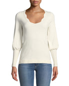 Love Scarlett Women Scalloped Neck Puffy Sleeve Sweater Winter White