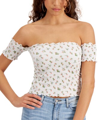 Crave Fame Women Smocked Off The Shoulder Crop Top Ivory Combo